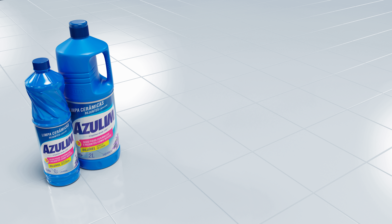 Foto de embalagem de 1l de 2l de Azulim Limpa Cerâmica em piso branco.